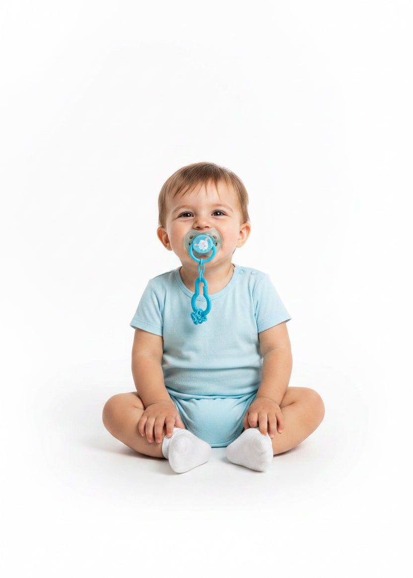 Mumlove thumb silicone pacifier with chain in packaging on a black background