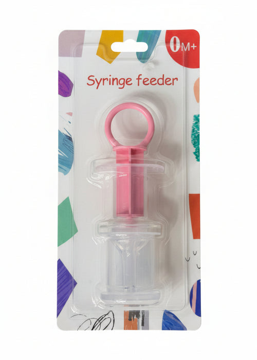Syringe feeder in packaging with colorful design on a black background
