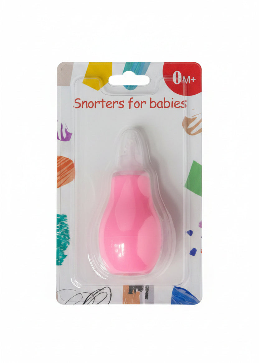 Pink sooter for babies on a colorful packaging background